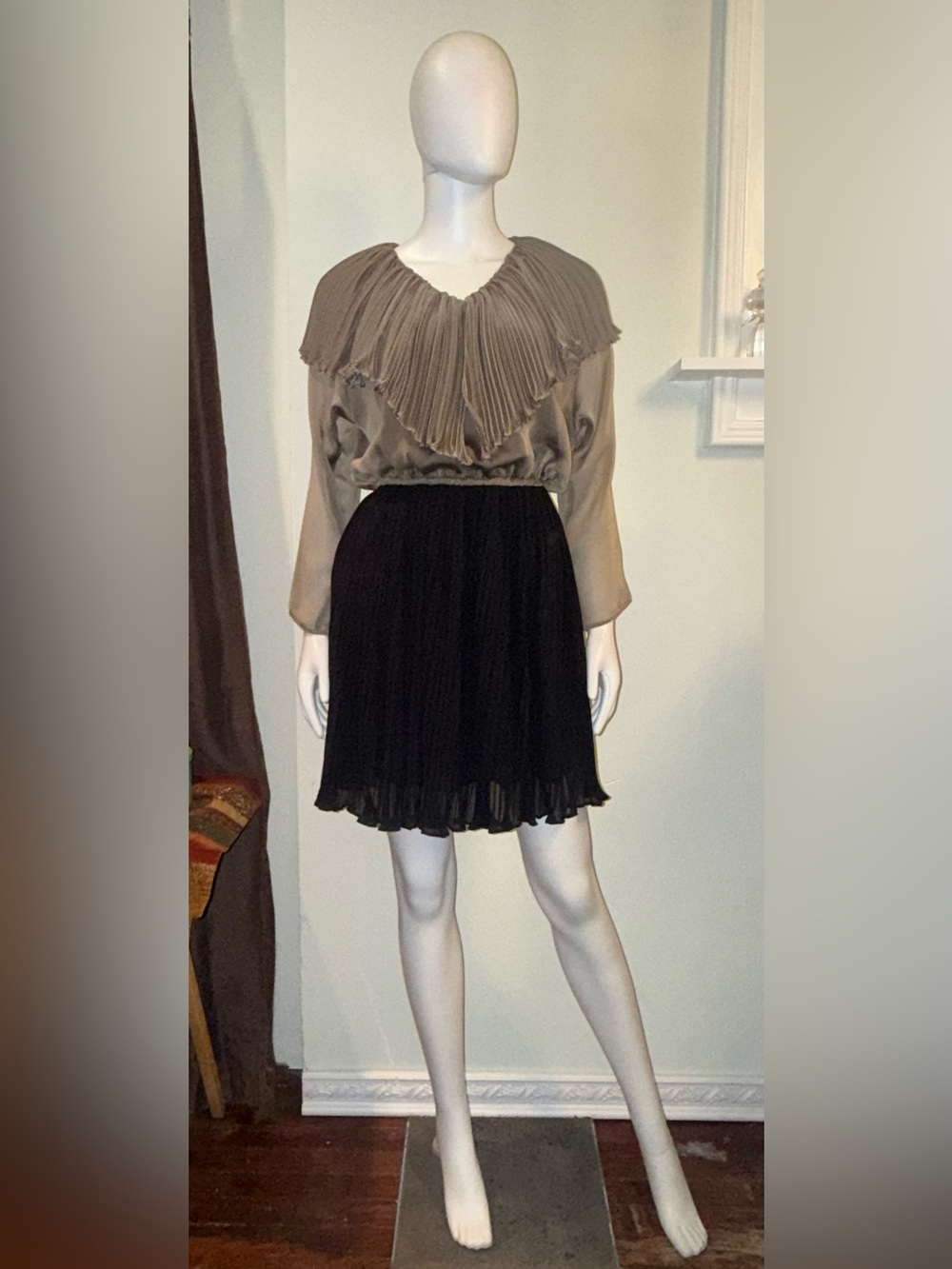 Pleated Yoke Long Sleeve Dress in Taupe and Black — Elegant Day-to-Evening Style